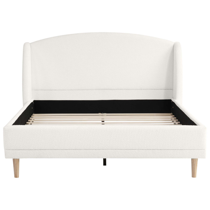 Lit plateforme tapissier avec tissu Boucle et tête de lit à oreilles, coins arrondis pour une chambre confortable et élégante