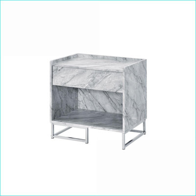 White Faux Marble Coffee Table with Chrome Base - 1 Drawer &amp; Open Storage, Easy Assembly for Living Room