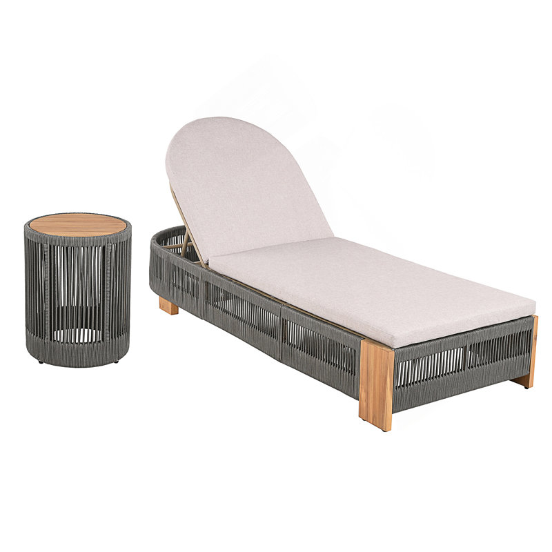 Ensemble de chaise longue d'extérieur en corde durable avec dossier réglable, table d'appoint et coussins imperméables pour la détente sur le patio et la piscine