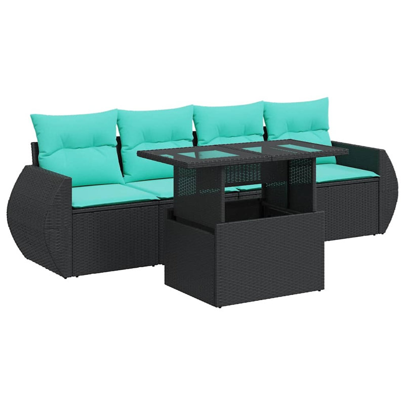  Ensemble de canapé de patio 5 pièces avec coussins en rotin polyacacia, Noir, Vert