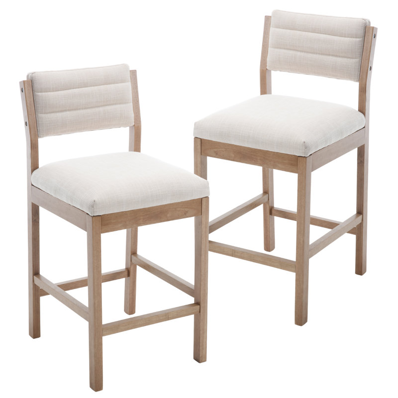 Tabouret de comptoir rembourré 26,5 po Tebbo avec structure en bois massif, Naturel, Blanc
