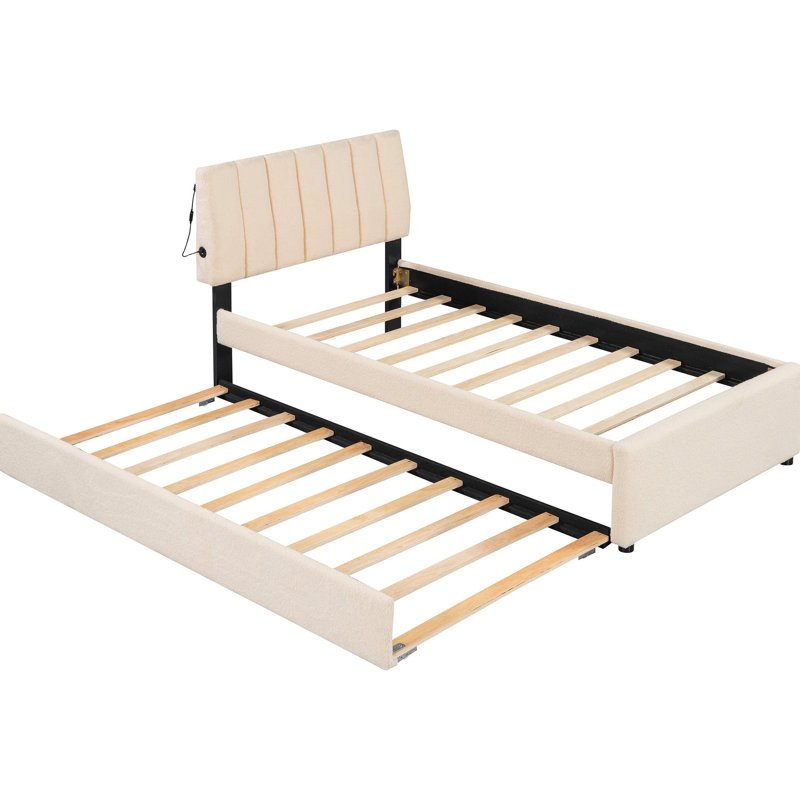Lit plateforme simple tapissier beige avec gigogne gigogne supplémentaire, Beige, Lit simple