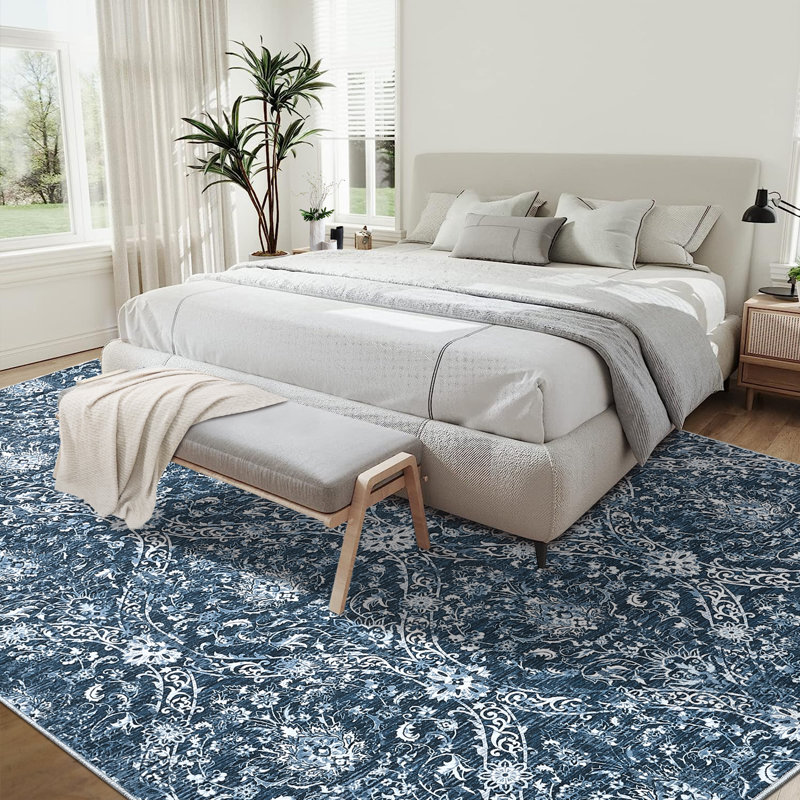 Floral Machine Washable Rug with Rubber Backing for Living Room Non-Slip Area Rug Vintage Indoor Carpet Non-Shedding Rug for Bedroom Dining Room Hallway Kitchen Office Playroom Nursery