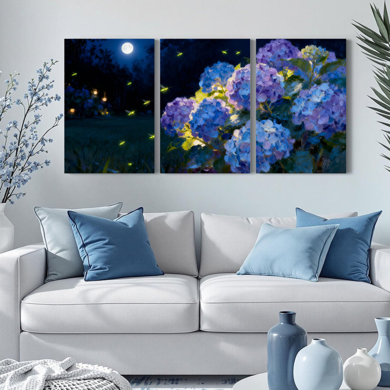 Tableau sur toile tendue « Jardin d'hortensias au clair de lune avec lucioles » (Ensemble de 3), H 18 po x l 36 po