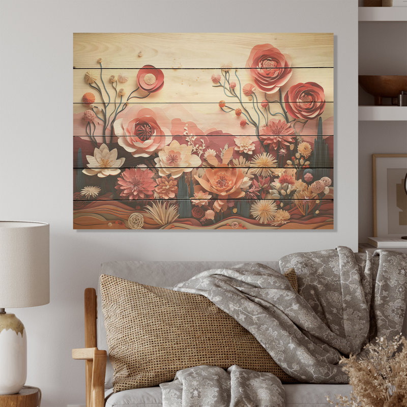 Cactus cramoisi collage - Art mural en bois de cactus sur bois de pin naturel, H 30 po x l 40 po