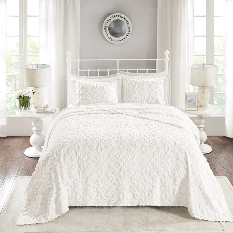 3 couvre-lits en chenille de coton 3 pièces - double / grand, avec 2 taies décoratives, pour une chambre à coucher chaleureuse