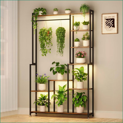 Plant Stand 71-Inch 8-Tier Heavy-Duty Metal with Grow Light | Sleek Contemporary | Walnut Brown+Brushed Silver