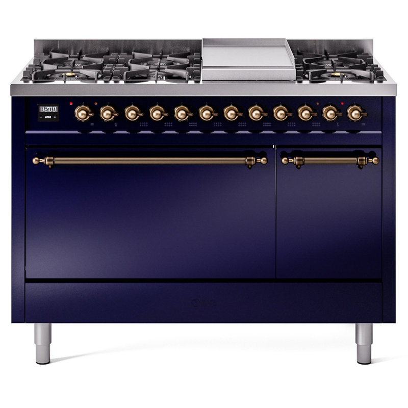 ILVE Nostalgie II 48 in Dual Fuel Range, 8 Burner, Griddle, Midnight Blue/Bronze, Natural Gas