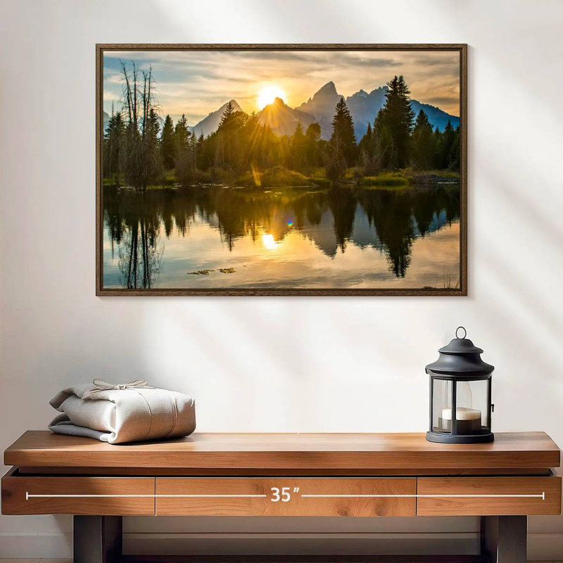 Coucher de soleil spectaculaire sur Grand Teton, 25 po x 17 po, Cadre flottant en noyer