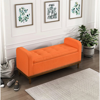 Mid-century Modern Lift Top Storage Bench In Bedroom, Orange , Solid Wood Walnut Frame Bedroom Bench, Textured Upholstery,
