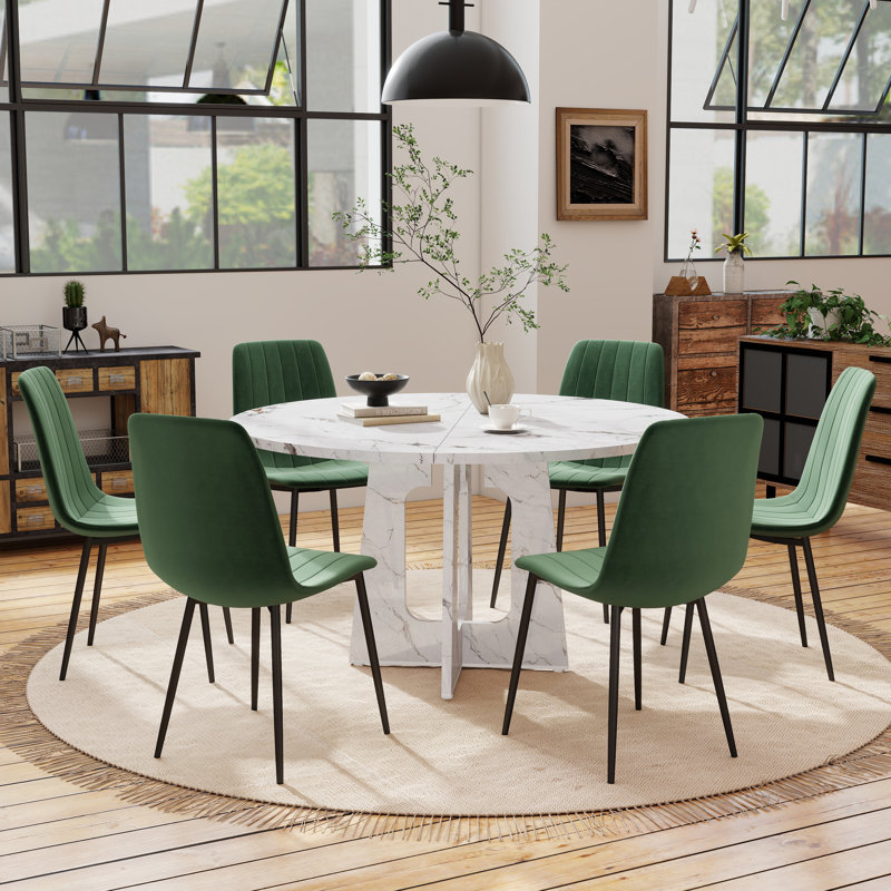 47in Round Dining Table and 6 Velvet Chairs Set,  MDF Table and Chairs with Metal Legs, Farmhouse Set for Kitchen Dining Room