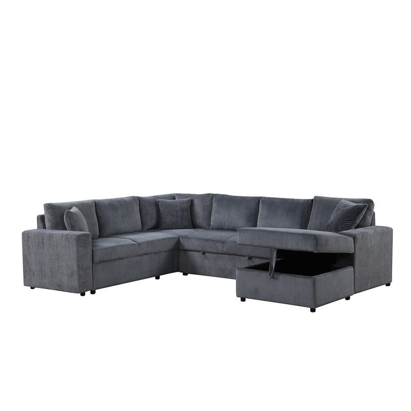 Rinaldo 123"W Gray Corduroy Sleeper Sectional Sofa With Right-Facing Storage Chaise And Throw Pillows, Gray Corduroy