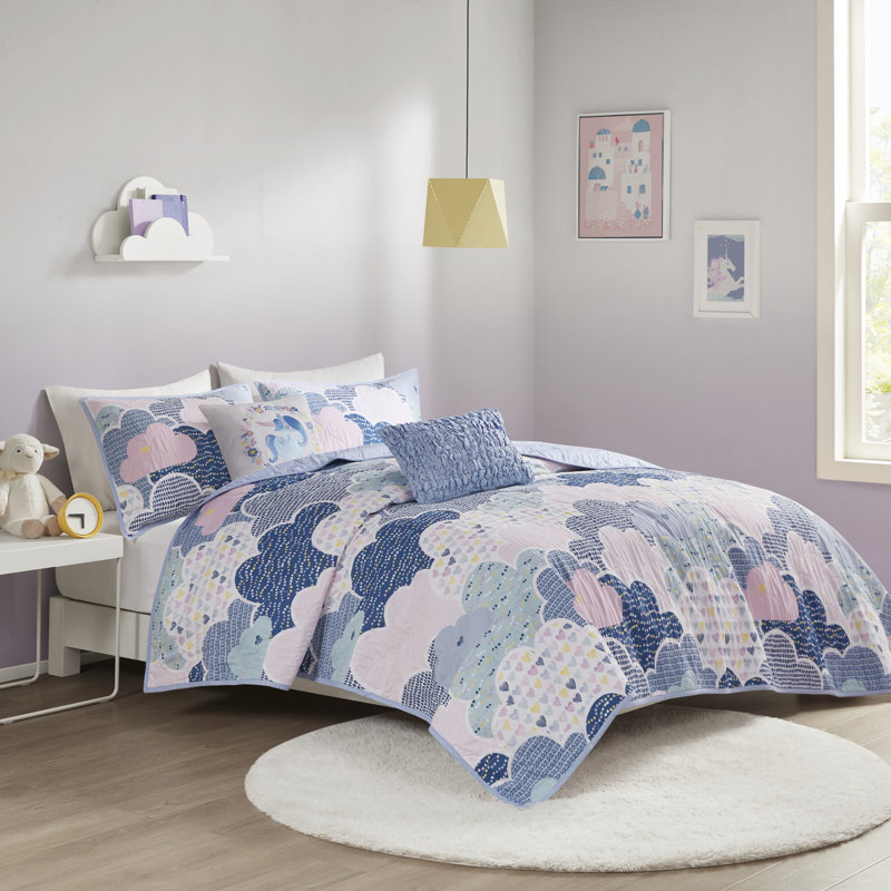 Ensemble de couvre-lit réversible 100% coton hypoallergénique 5 pièces avec coussins décoratifs Cloud Cloud, Bleu