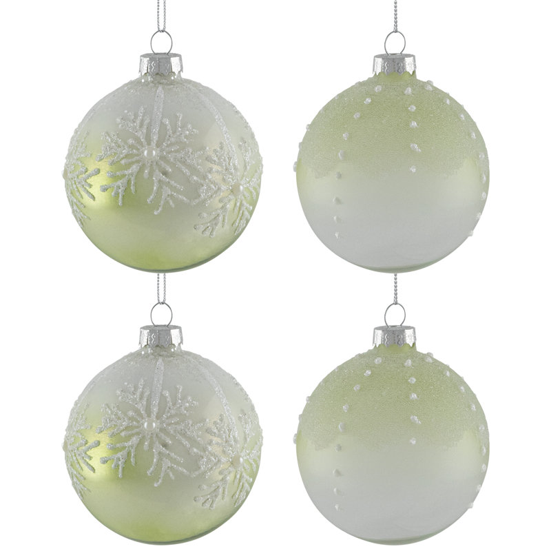 Ornements de Noël boule de verre en forme de flocons de neige - 3 po (80 mm) - 4 carats, Vert/blanc