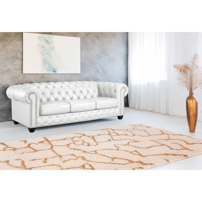 Orner 93" Leather Rolled Arm Chesterfield Sofa, Cream Leather Match