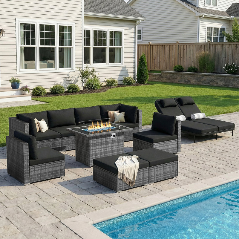 10-piece Outdoor Wicker Sectional Furniture Conversation Set With 60,000 Btu Fire Pit And Double Chaise Lounge, Black