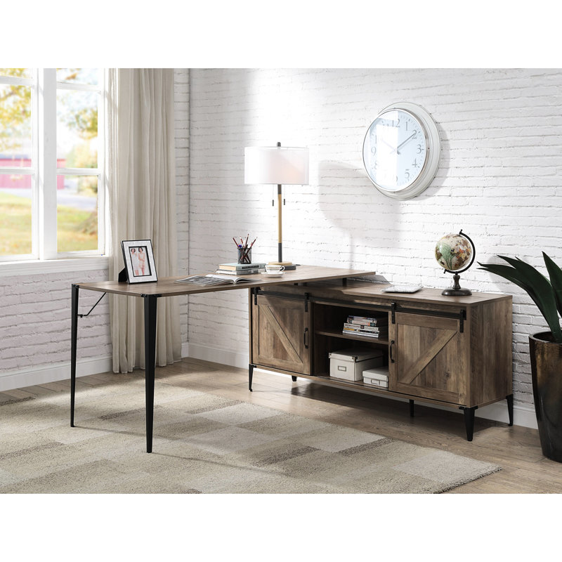 Bureau de coin en chêne et noir, pattes en métal, espace de travail organisé, rangement, finition rustique, pieds noirs, gain de place