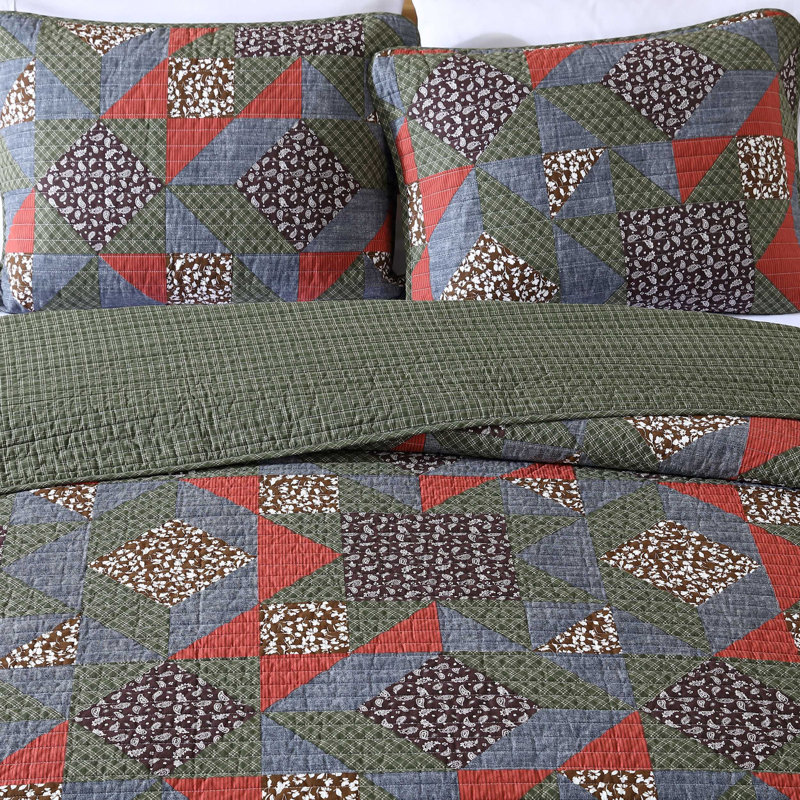 Twin Brown Cotton Reversible Patchwork Quilt Set