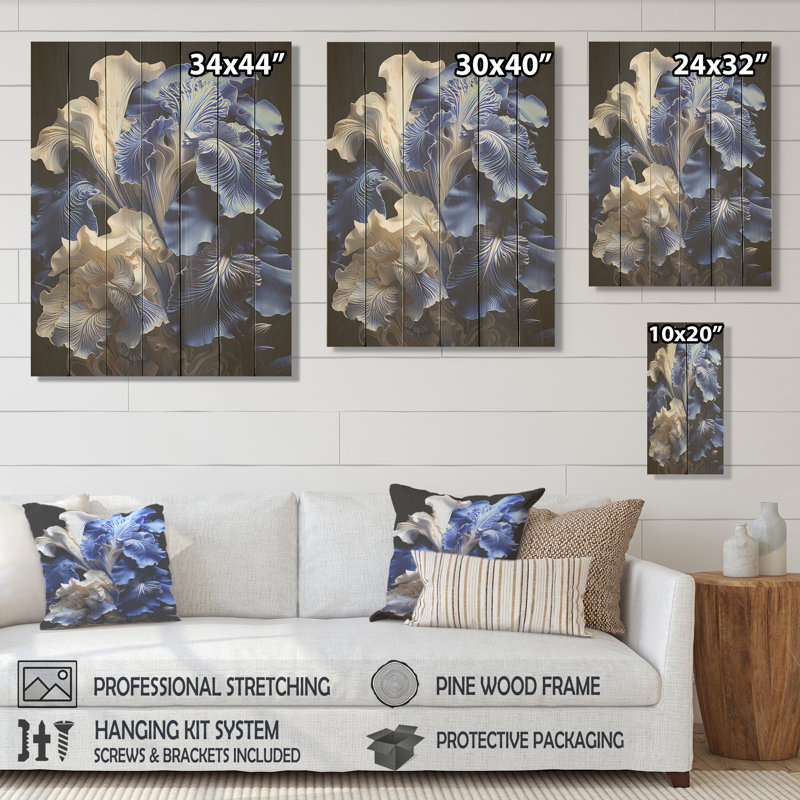 White And Blue Irises Elegance II - Irises On Wood Print, 44" H x 34" W