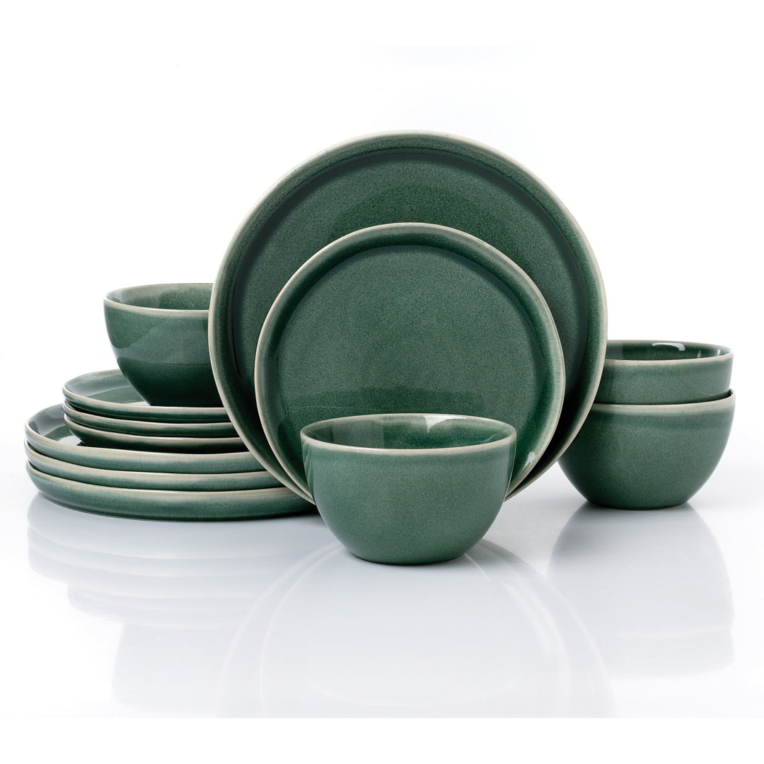 Waterside 12pc Green Reactive Glaze Stoneware Dinner Set
