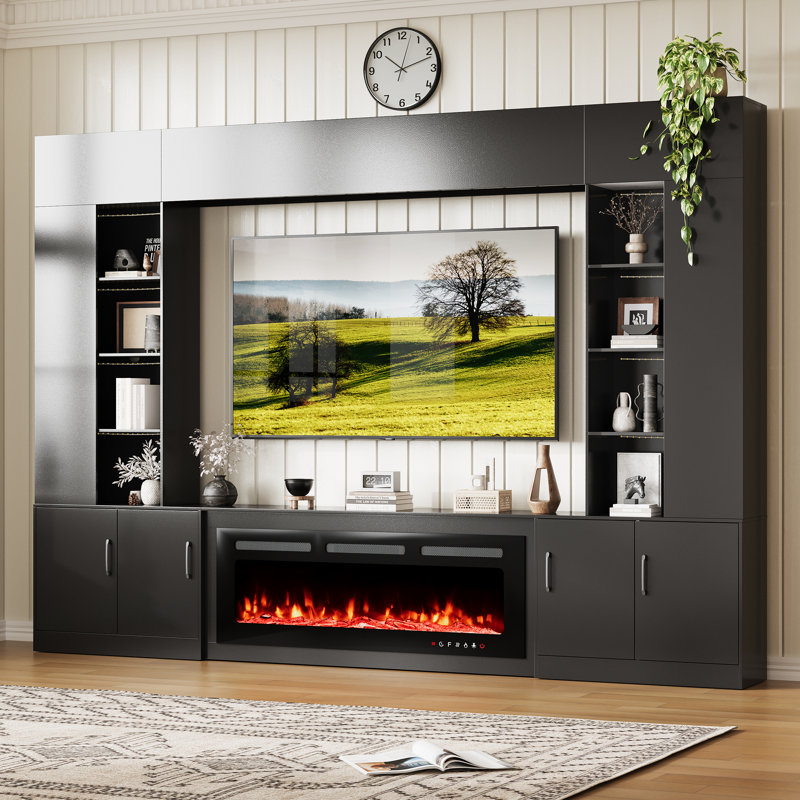 Meuble audio-vidéo 112 po avec foyer et lumières DEL, Noir