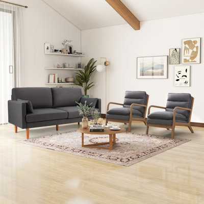 3-Piece Modern Fabric Upholstered Square Arm Sofa Set - Living Room Chair And Sofa with Solid Wood Legs