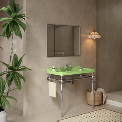 Lavabo de salle de bain 36 po, meuble-lavabo mural en céramique blanche avec 3 trous pré-percés, pieds de support autoportants en acier inoxydable avec barre à serviettes, sans robinet