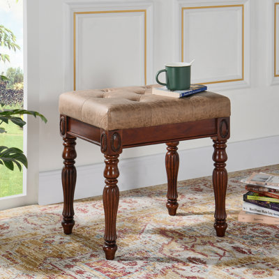 Wexford Collection Upholstered Accent Bench, Mid-Century Modern Faux Leather Vanity Bench with Tufted Seat and Solid Wood Legs