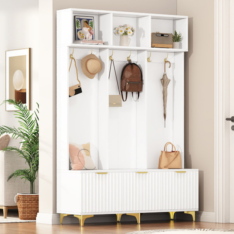 Grand portemanteau moderne avec banc, banc de rangement multifonctionnel avec portes cannelées ultrabrillantes, portemanteau luxueux avec 6 crochets et pieds pour l'entrée, le salon