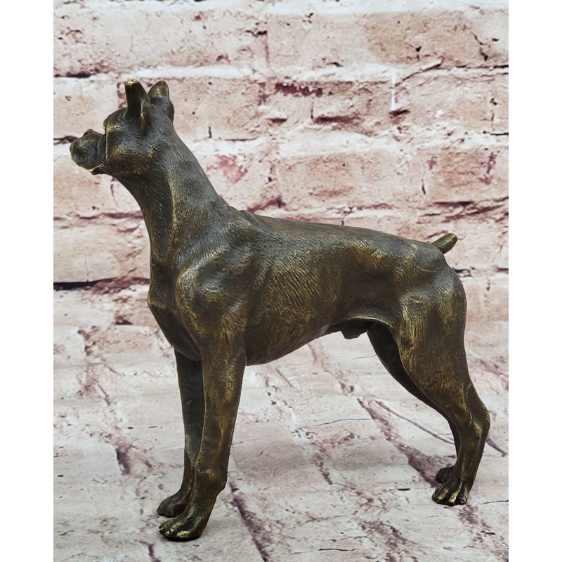 Bronze Boxer Dog Metal Statue Sculpture 8" x 9"