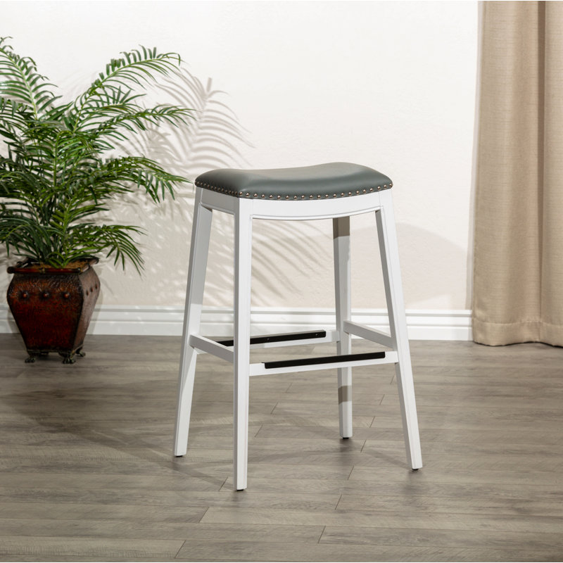 Tabouret de bar de 30 po de hauteur, finition blanche, siège en cuir gris, Siège gris / cadre blanc