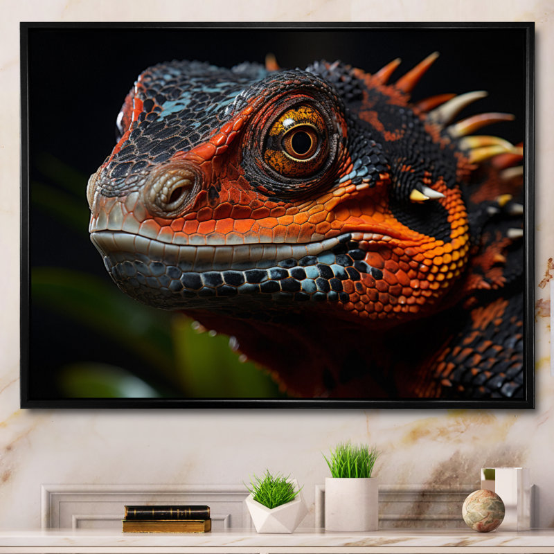 Portrait d'amphibien orange reptile, 30" H x 40" W, Cadre flottant noir