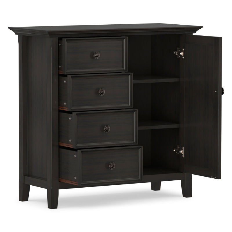 Amherst 32"W Solid Wood 2-Shelf Low Storage Cabinet with Adjustable Shelves and Tapered Legs, Hickory Brown