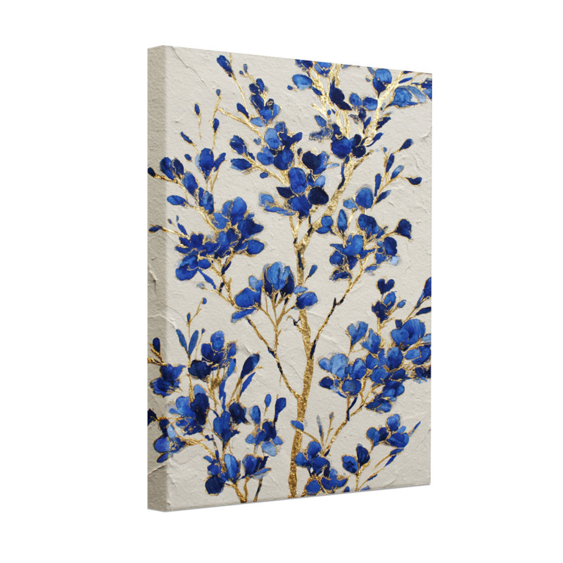 Plantes et fleurs Fleurs bleues avec branches dorées sur fond blanc, H 24 po x l 16 po