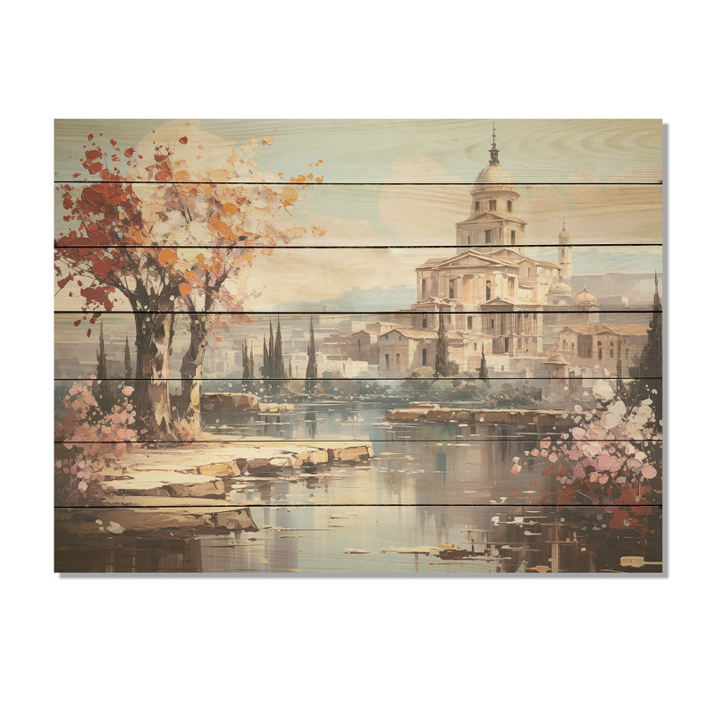 Paysage de l'empire romain de printemps III - Italie sur bois, H 24 po x l 32 po