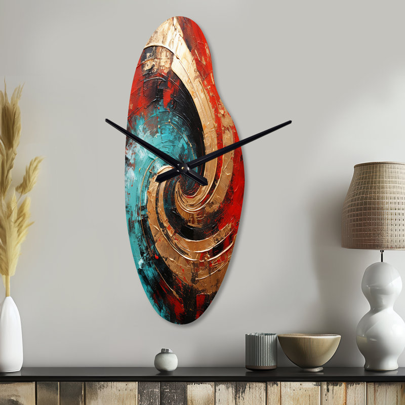 Red Blue Majestic Motion Spiral III - horloge murale incurvée en spirale abstraite, horloge asymétrique rouge, Grand