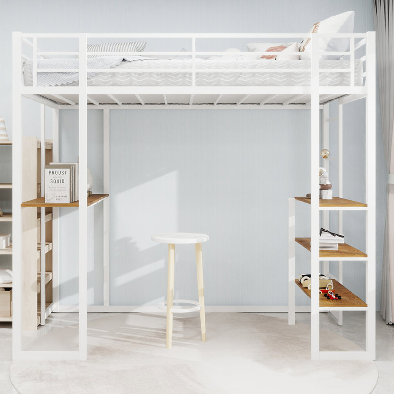 Lit mezzanine simple à structure en fer avec bureau et escalier pour enfants et adolescents, Blanc