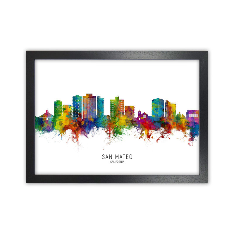 San Mateo California Skyline by Michael Tompsett - Print, Black Framed, 25cm H x 34cm W x 3cm D