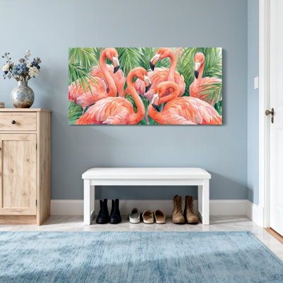 Animals Pink Flamingos Tropical Leaves Art Print