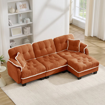 Canapé en L Chenille avec repose-pieds mobile et coussins capitonnés