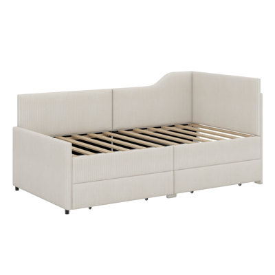 Twin Size Bed Frame Corduroy Upholstered Bed Frame With 2 Storage Drawers