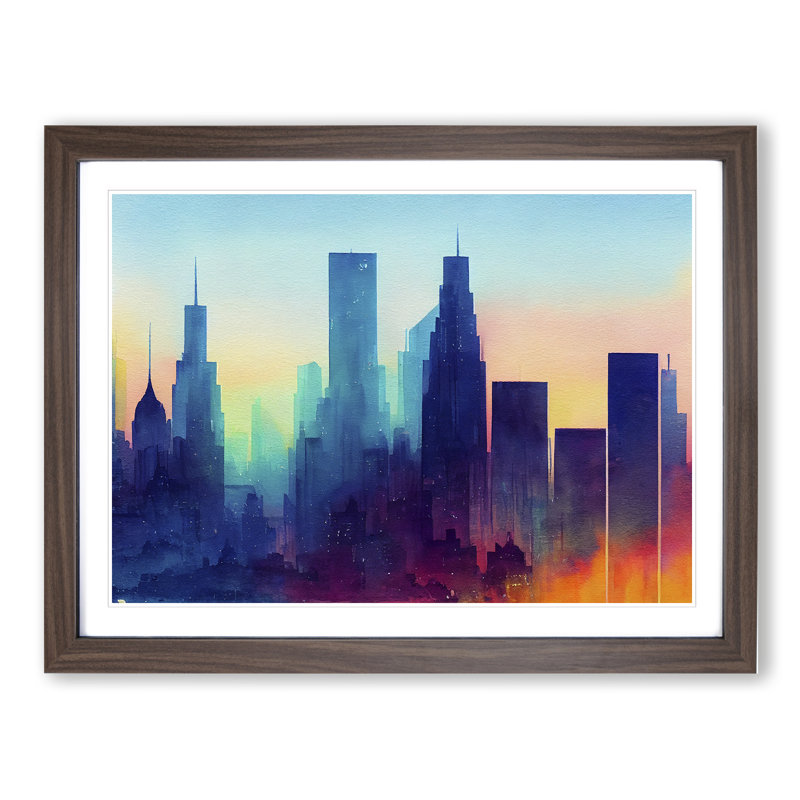 Watercolour City Skyline Vol.4 Abstract 1 Piece Single Picture Frame Painting, 34cm H x 46cm W x 2cm D, Walnut Framed
