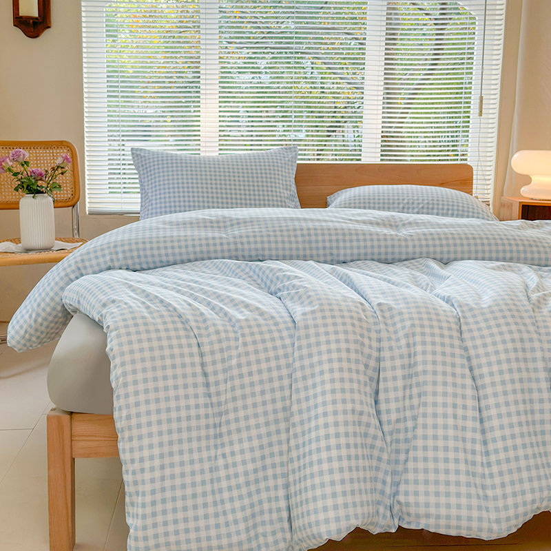 Ensemble d'édredon en microfibre prélavée Gingham, Édredon grand et 2 taies d'oreiller, Vichy à carreaux bleus