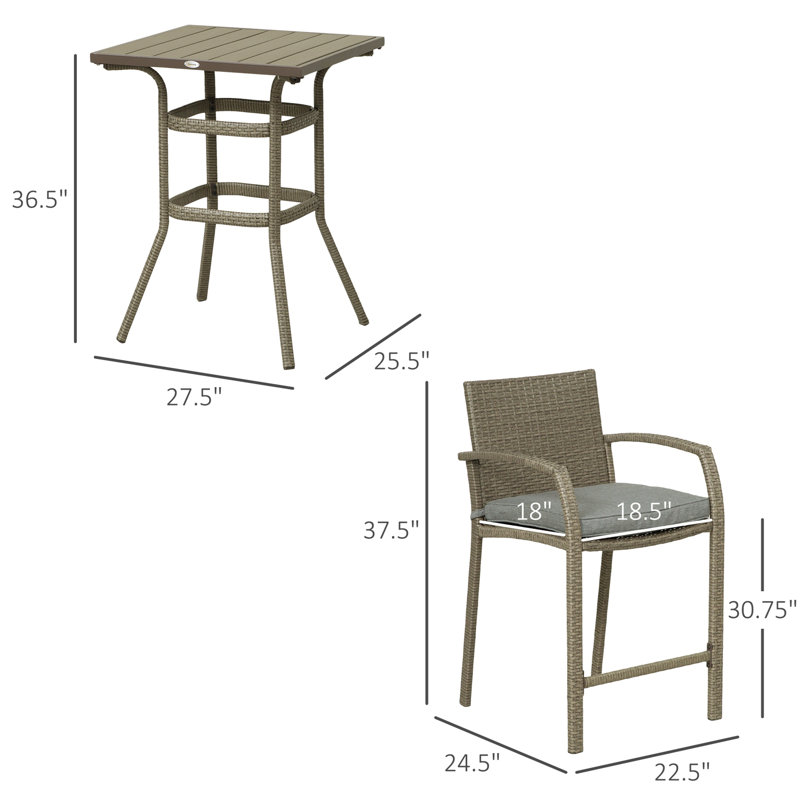 Outsunny 3 PCS Rattan Wicker Bar Set with Wood Grain Top Table and 2 Bar Stools