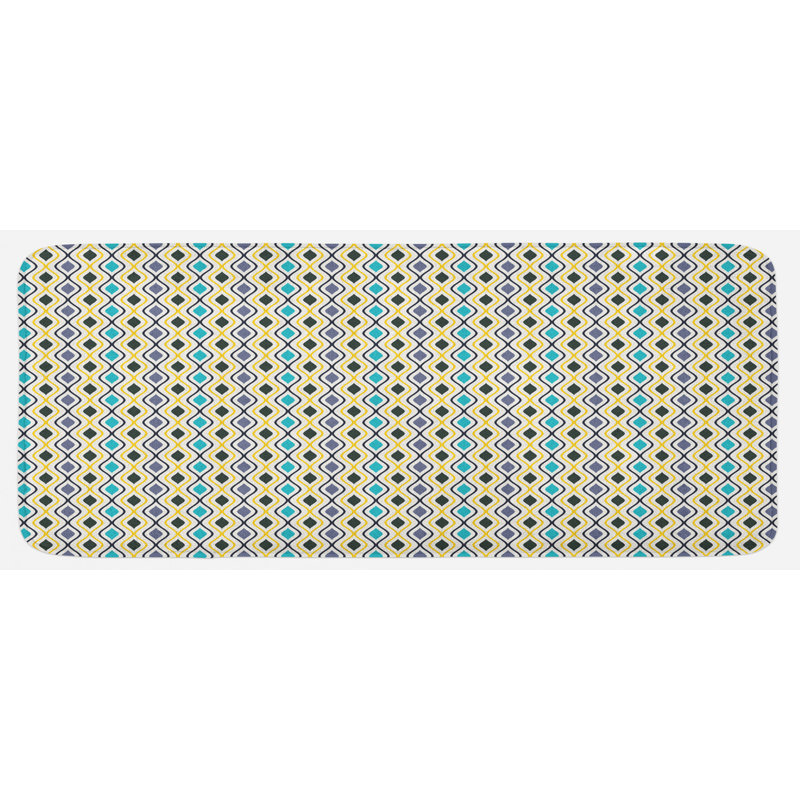 Tapis de cuisine ovale avec lignes courbées de style rétro, style rétro, motif de cuisine ovale mauve noir bleu ciel