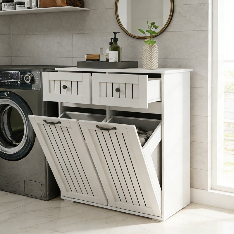 Tilt-Out Dual Laundry Hamper Cabinet With Laundry Storage Basket And Drawers