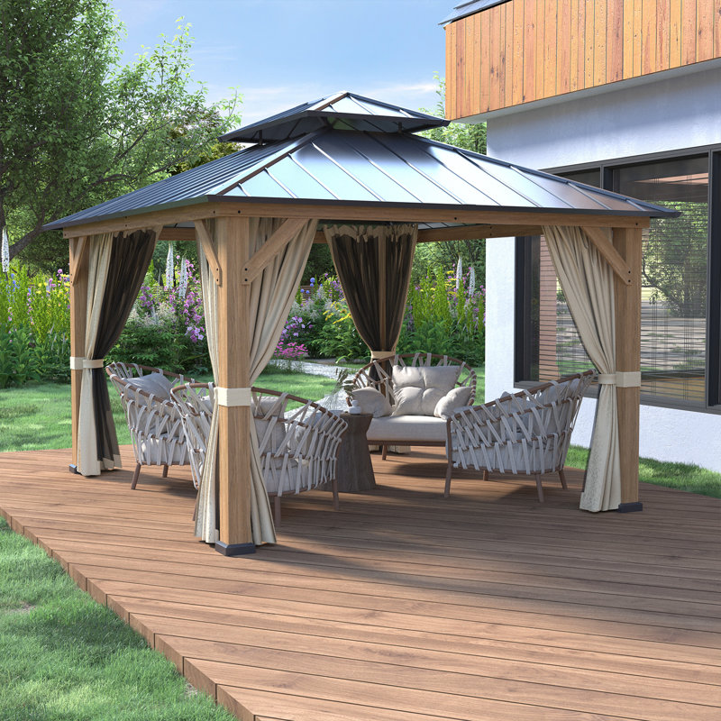 D Solid Wooden Patio Gazebo with Double Roof, Netting and Curtains, 120" H x 156" W x 132" D