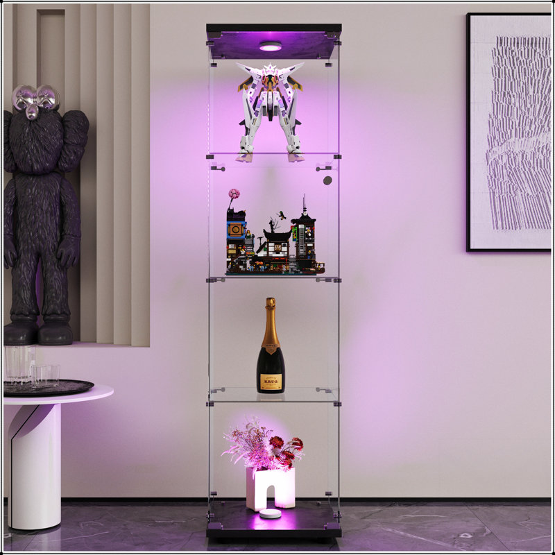 Stylish LED Glass Display Cabinet With 4 Shelves, Floor Standing Curio Bookshelf For Modern Interiors, Black