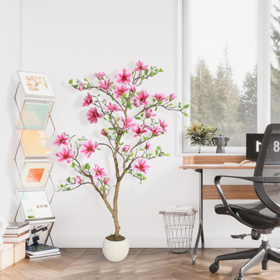 Arbre de magnolia artificiel de 5 pi avec fleurs roses, plante artificielle réaliste pour la décoration intérieure et extérieure, arbre artificiel en pot réaliste pour le salon, la chambre à coucher, le bureau, l'hôtel