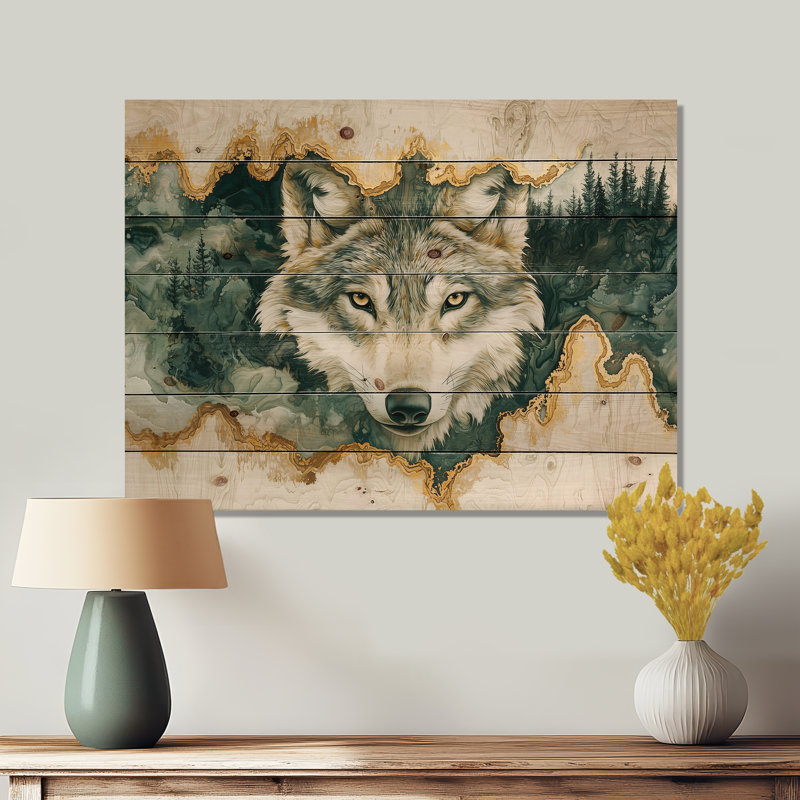 Loup en hiver, forêt, rivière à encre II - loup, art mural en bois sur bois de pin naturel, H 34 po x l 44 po x P 0,78 po